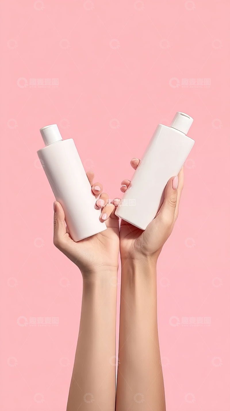 高清大图下载【趣麦麦图】双手举着两瓶白色护肤品置于粉色背景前