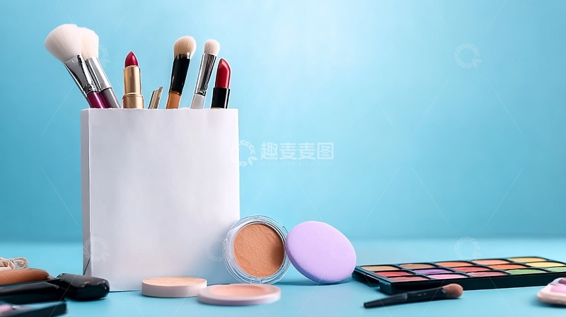 高清大图下载【趣麦麦图】化妆刷与彩妆品摆放在蓝色背景前的静物场景