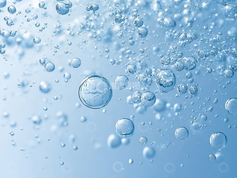 高清大图下载【趣麦麦图】蓝色背景下的透明气泡微观特写