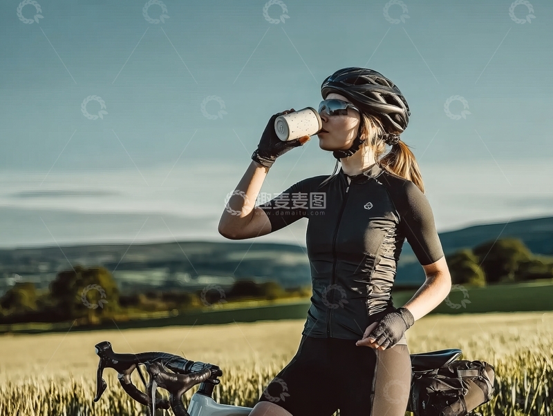 高清大图下载【趣麦麦图】-骑行者在田野中休息喝水