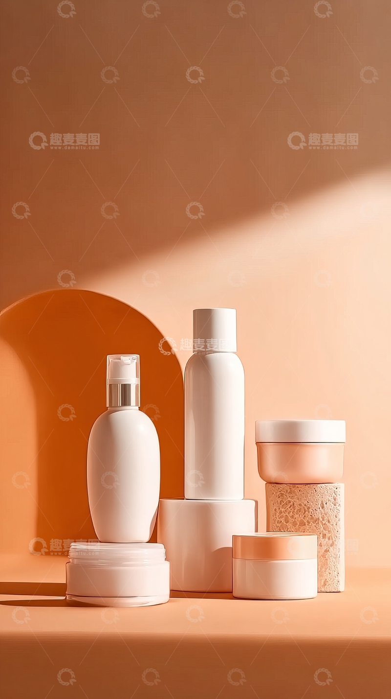 高清大图下载【趣麦麦图】柔和光线下展示的简约白色护肤化妆品套装