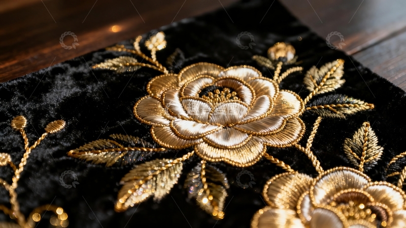 高清大图下载【趣麦麦图】黑色绒布上金色刺绣花卉图案特写