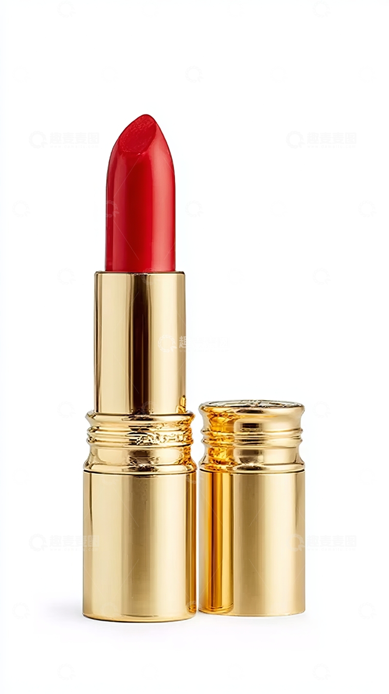 高清大图下载【趣麦麦图】一支红色口红及其金色管身在白色背景上展示