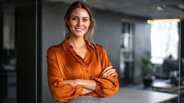 办公室内一位穿着橙色衬衫的微笑女性