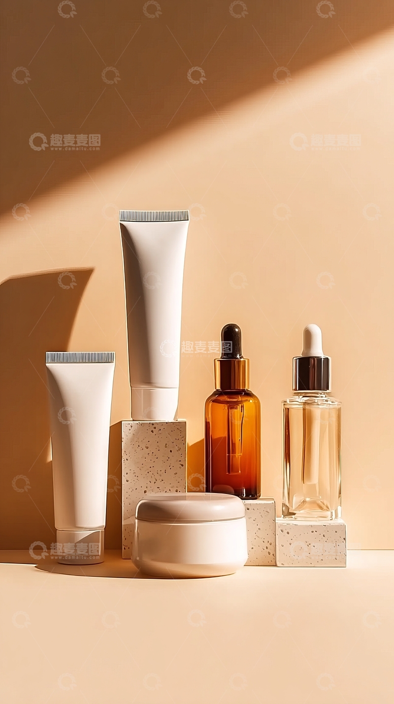 高清大图下载【趣麦麦图】化妆品套装在柔和光影下的静物展示