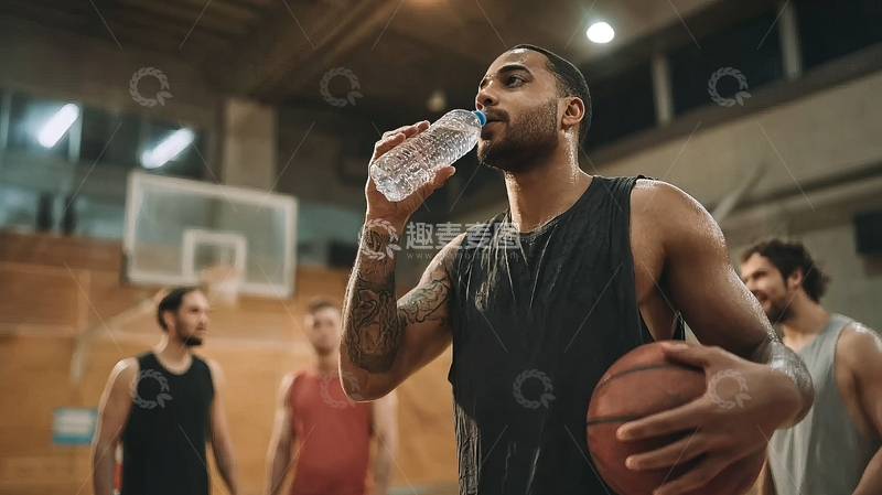 高清大图下载【趣麦麦图】篮球场上一名球员手持篮球喝水休息