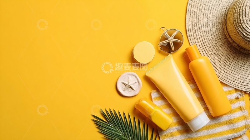 高清大图下载【趣麦麦图】黄色背景上的防晒霜和海滩装饰品