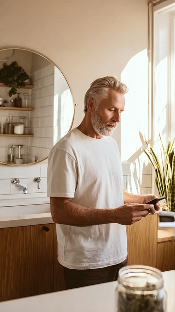 成熟男士在明亮浴室中使用手机