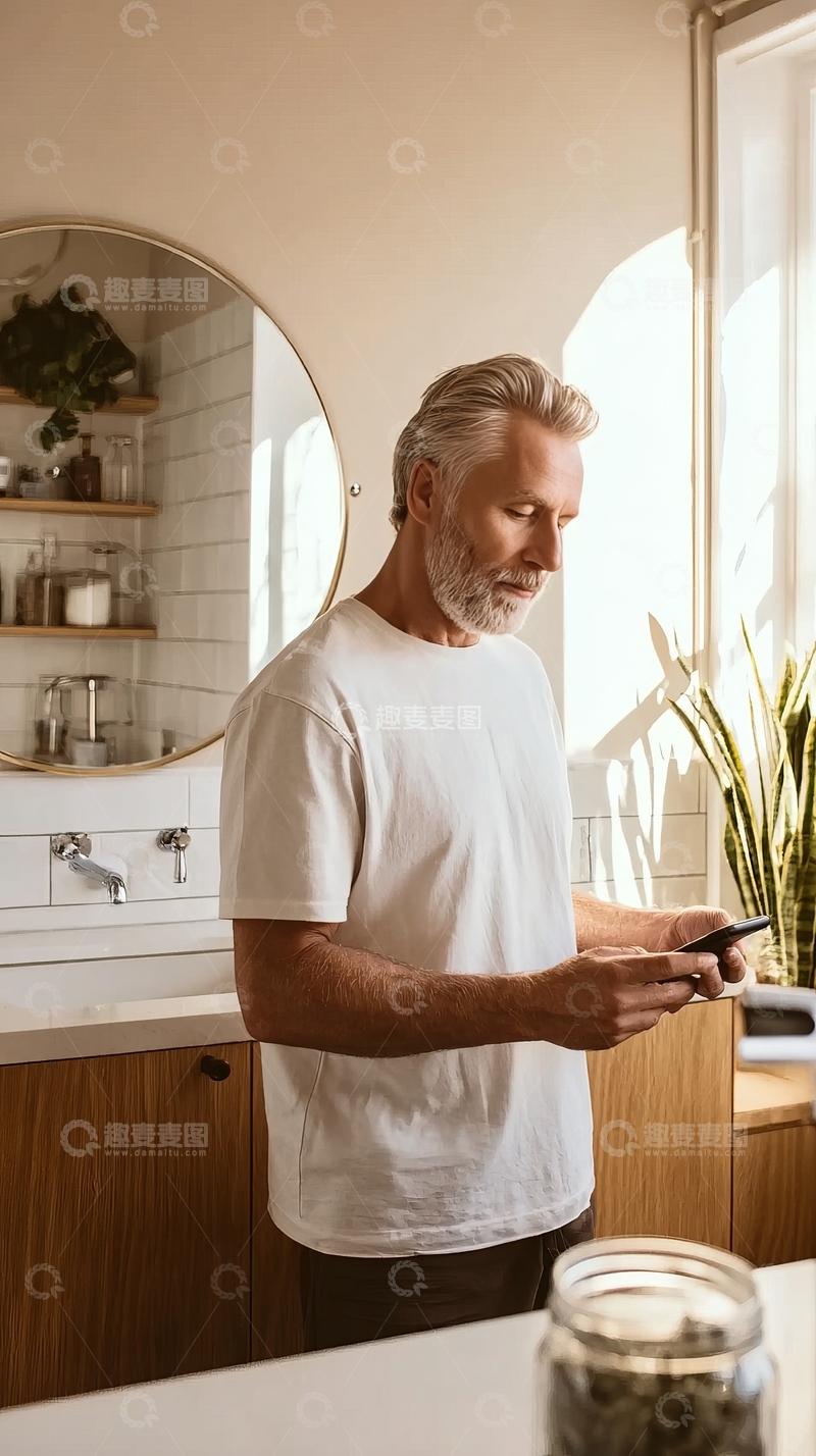高清大图下载【趣麦麦图】成熟男士在明亮浴室中使用手机