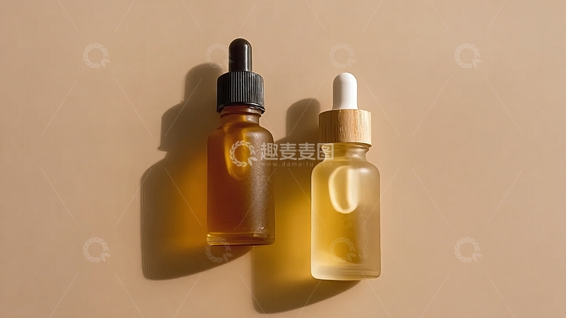 高清大图下载【趣麦麦图】两款精油瓶置于柔和背景上展示