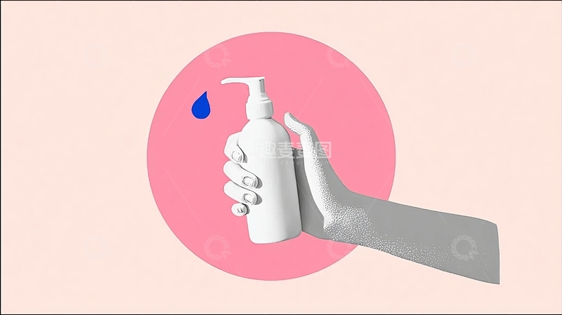高清大图下载【趣麦麦图】手握白色泵头瓶滴落蓝色液体的创意插画