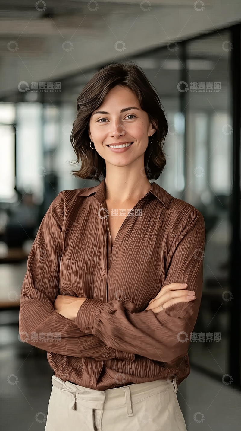 高清大图下载【趣麦麦图】办公室内微笑的女性穿着棕色衬衫