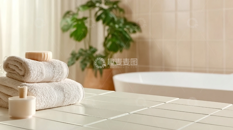 高清大图下载【趣麦麦图】浴室台面上摆放着毛巾和绿植背景是浴缸