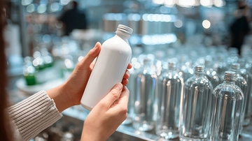 工厂车间中一人手持白色瓶子旁边是排列整齐的玻璃瓶