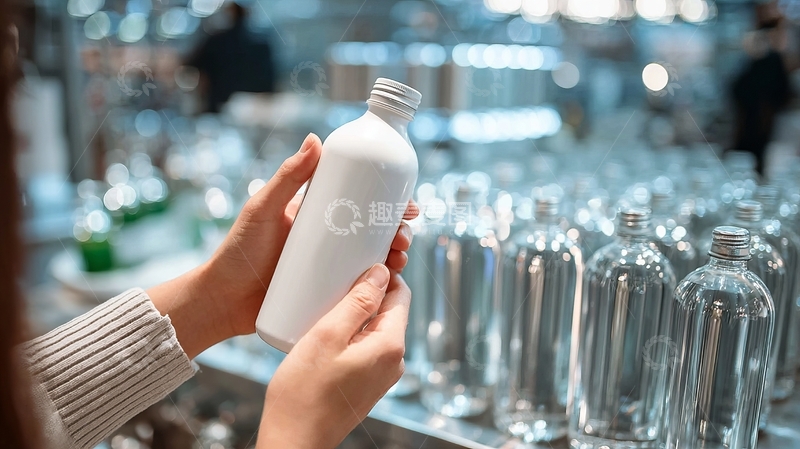 高清大图下载【趣麦麦图】工厂车间中一人手持白色瓶子旁边是排列整齐的玻璃瓶