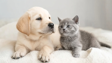 金毛幼犬与灰色小猫并排躺在柔软毯子上