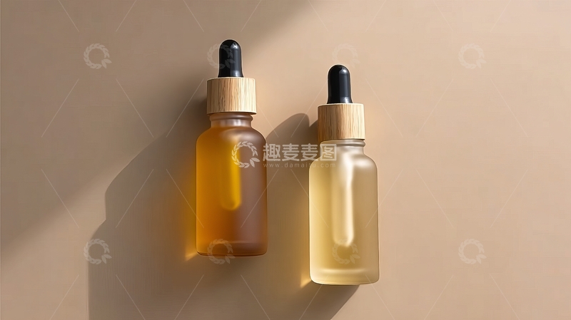高清大图下载【趣麦麦图】两瓶滴管瓶装液体产品置于柔和光影背景中