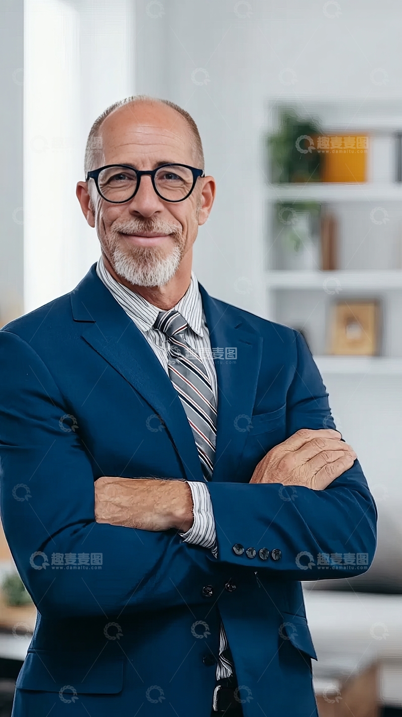 高清大图下载【趣麦麦图】一位戴眼镜的成熟男士身着西装双臂交叉站立