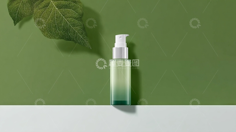 高清大图下载【趣麦麦图】绿色渐变瓶装护肤品置于简约背景之上