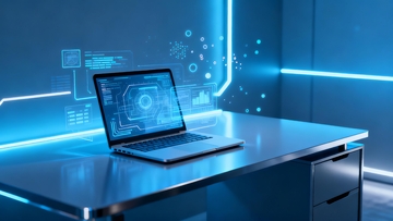 未来科技风格的笔记本电脑展示于蓝色光影环境中