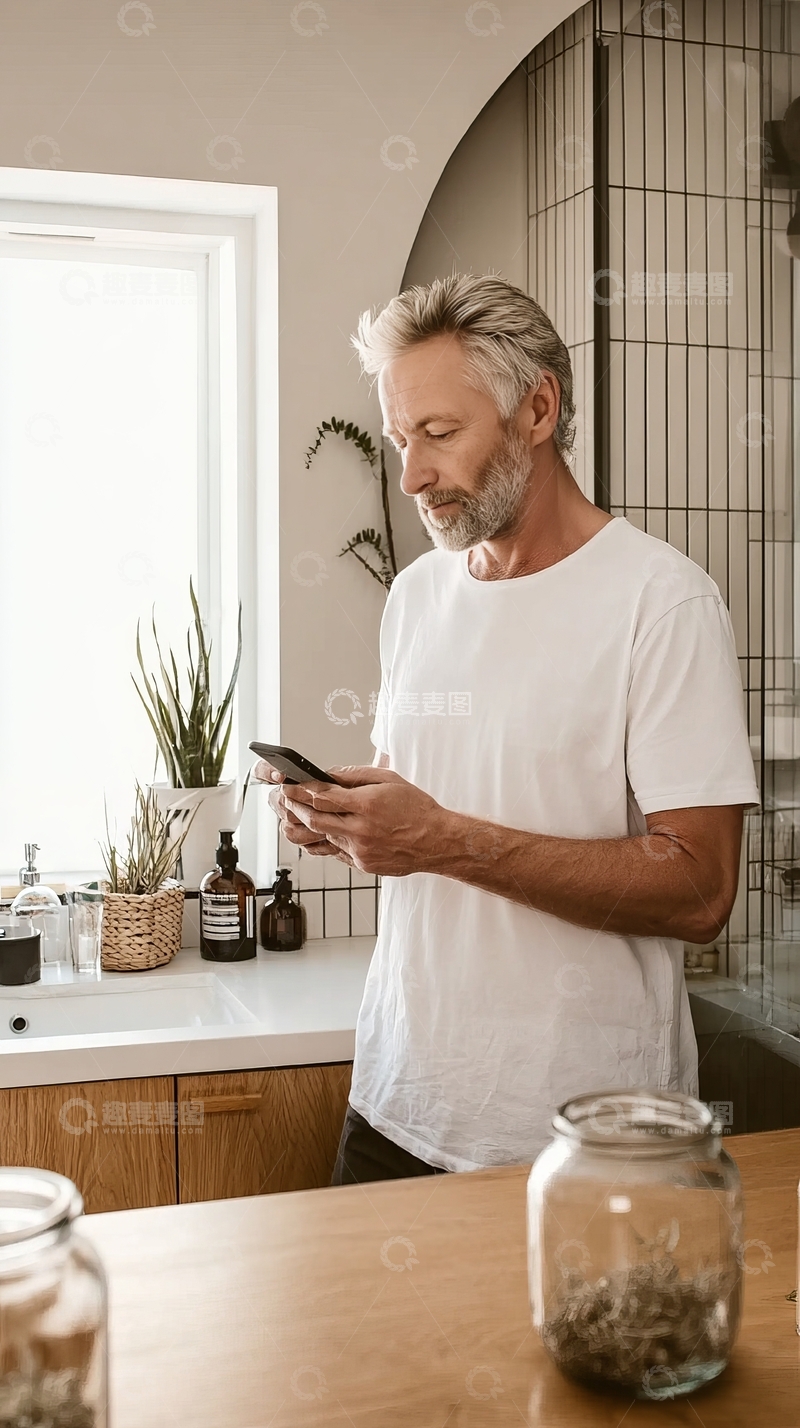 高清大图下载【趣麦麦图】中年男子在室内厨房环境中专注地看着手机