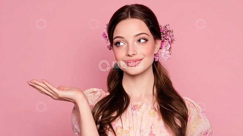 高清大图下载【趣麦麦图】年轻女子头戴花朵粉色背景微笑展示