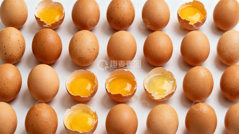 高清大图下载【趣麦麦图】-排列整齐的鸡蛋部分打开露出蛋黄