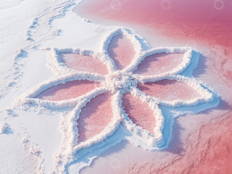 高清大图下载【趣麦麦图】粉色盐湖上用白色物质绘制的花朵图案