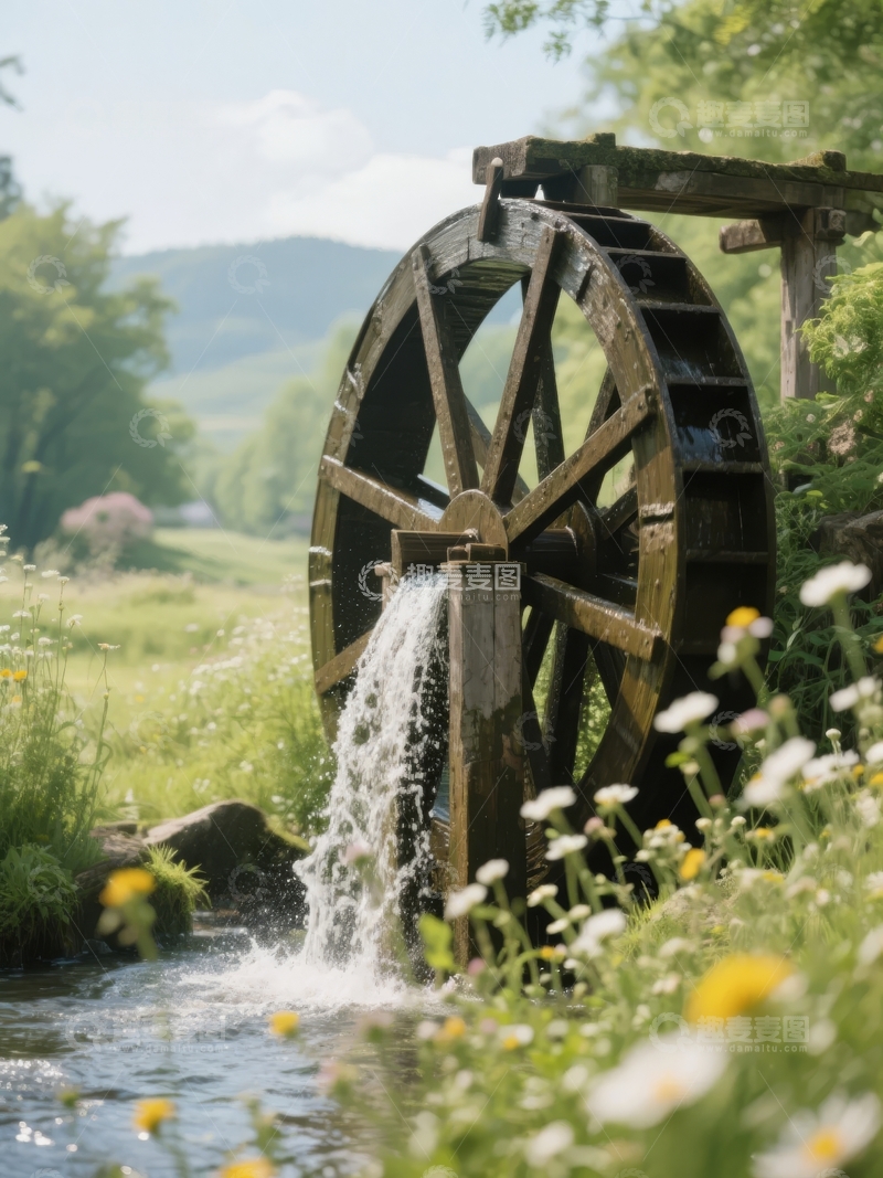高清大图下载【趣麦麦图】乡村溪流旁的木制水车流水潺潺