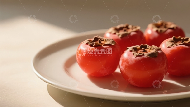 高清大图下载【趣麦麦图】盘中摆放的几颗红柿子在柔和光线下显得格外诱人