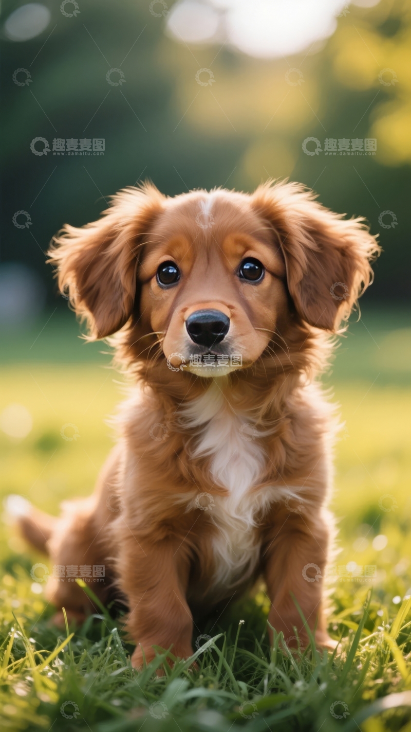 高清大图下载【趣麦麦图】棕色小狗坐在绿草地上抬头望