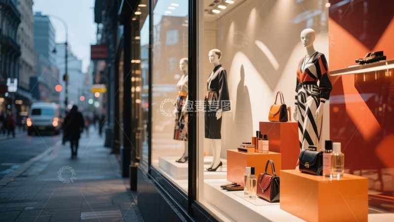 高清大图下载【趣麦麦图】时尚橱窗展示模特与商品行人街道夜景