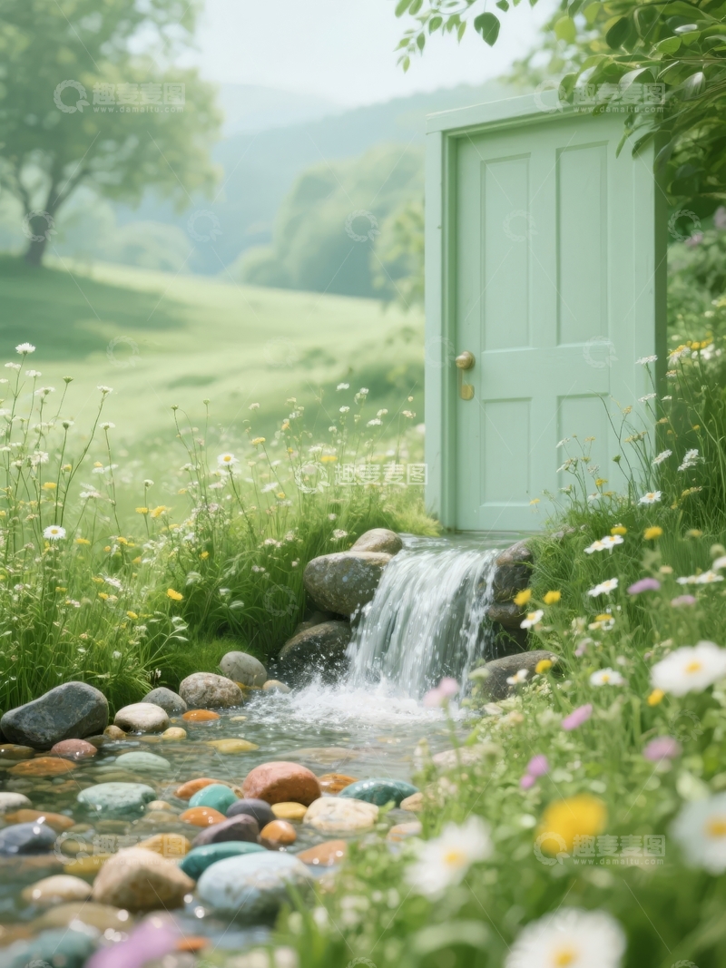 高清大图下载【趣麦麦图】绿门旁溪流潺潺花丛环绕的宁静自然景观