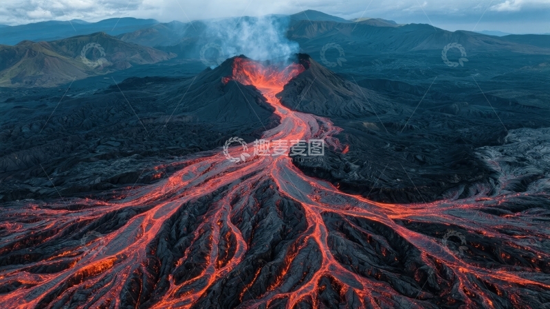 高清大图下载【趣麦麦图】火山喷发岩浆流淌壮观自然景象