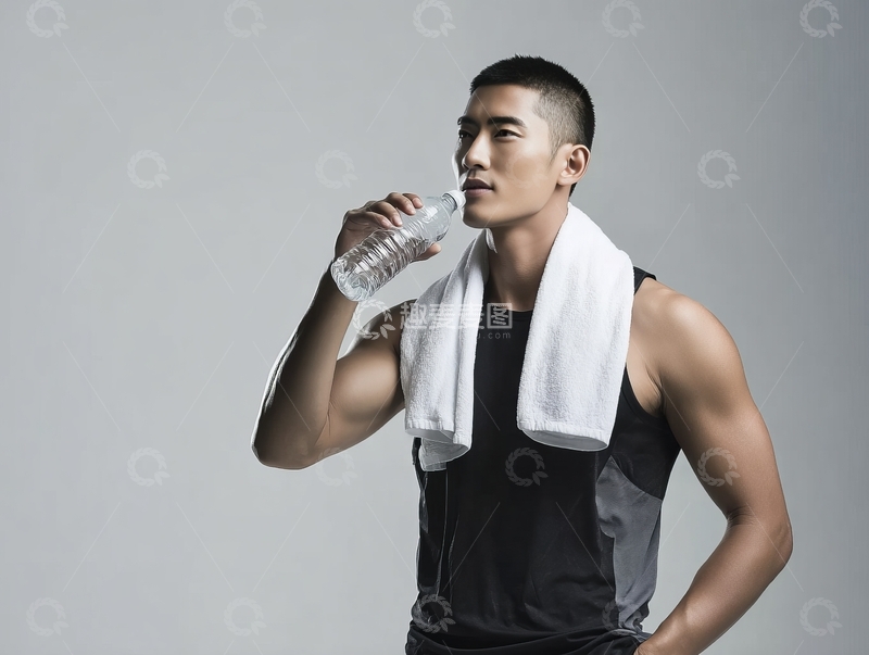 高清大图下载【趣麦麦图】健身男子喝水休息肩搭毛巾