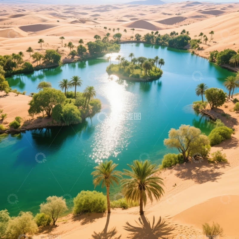 高清大图下载【趣麦麦图】沙漠绿洲湖泊与棕榈树景观
