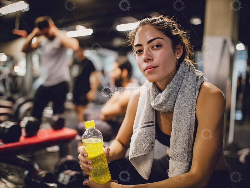 高清大图下载【趣麦麦图】健身房内女子手持黄色饮料瓶休息