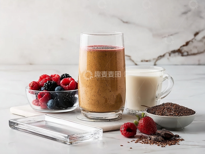 高清大图下载【趣麦麦图】一杯健康饮品搭配新鲜水果和坚果