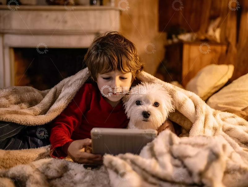 高清大图下载【趣麦麦图】男孩与小狗在温暖毯子下使用平板电脑