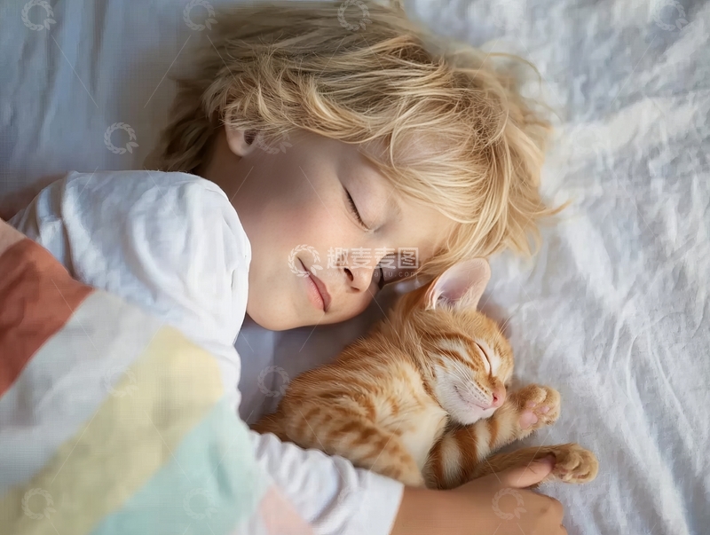 高清大图下载【趣麦麦图】金发小孩与橘猫在白色床单上安睡