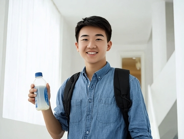 青年男子手持饮品在走廊微笑
