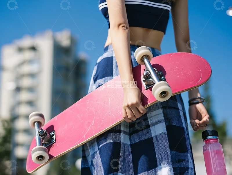 高清大图下载【趣麦麦图】女子手持粉色滑板户外休闲场景