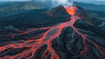 火山喷发岩浆流淌壮观自然景象