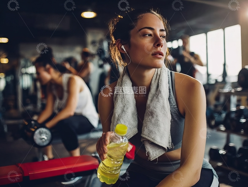 高清大图下载【趣麦麦图】健身房内女子休息手持水瓶身旁放有毛巾