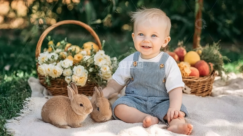高清大图下载【趣麦麦图】婴儿与两只兔子在户外篮子旁微笑