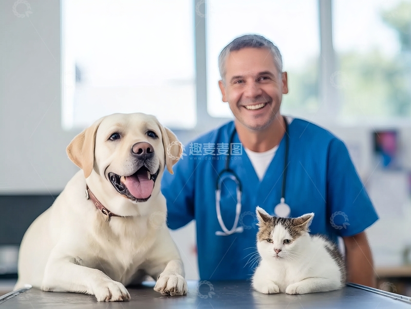 高清大图下载【趣麦麦图】兽医与宠物狗猫在诊所内合影