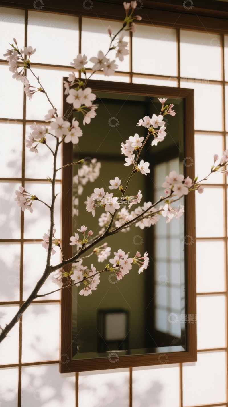 高清大图下载【趣麦麦图】樱花枝条映衬日式推拉门上的镜子