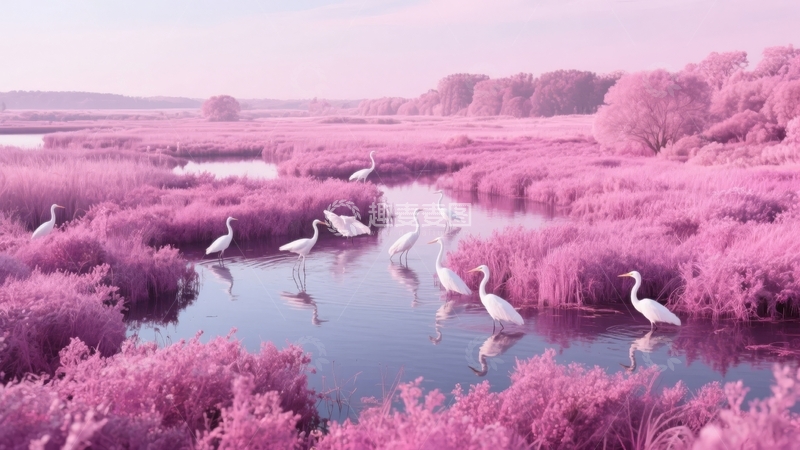 高清大图下载【趣麦麦图】-粉色调湿地中白鹭栖息的宁静景象