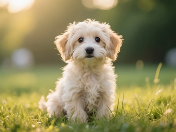 白色卷毛小狗坐在绿草地上望向镜头