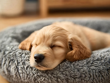 金毛幼犬在灰色绒毛窝里熟睡